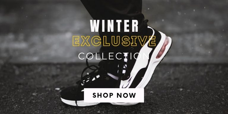 Black and white sneakers with text 'Winter Exclusive Collection' and 'Shop Now' on a dark background.