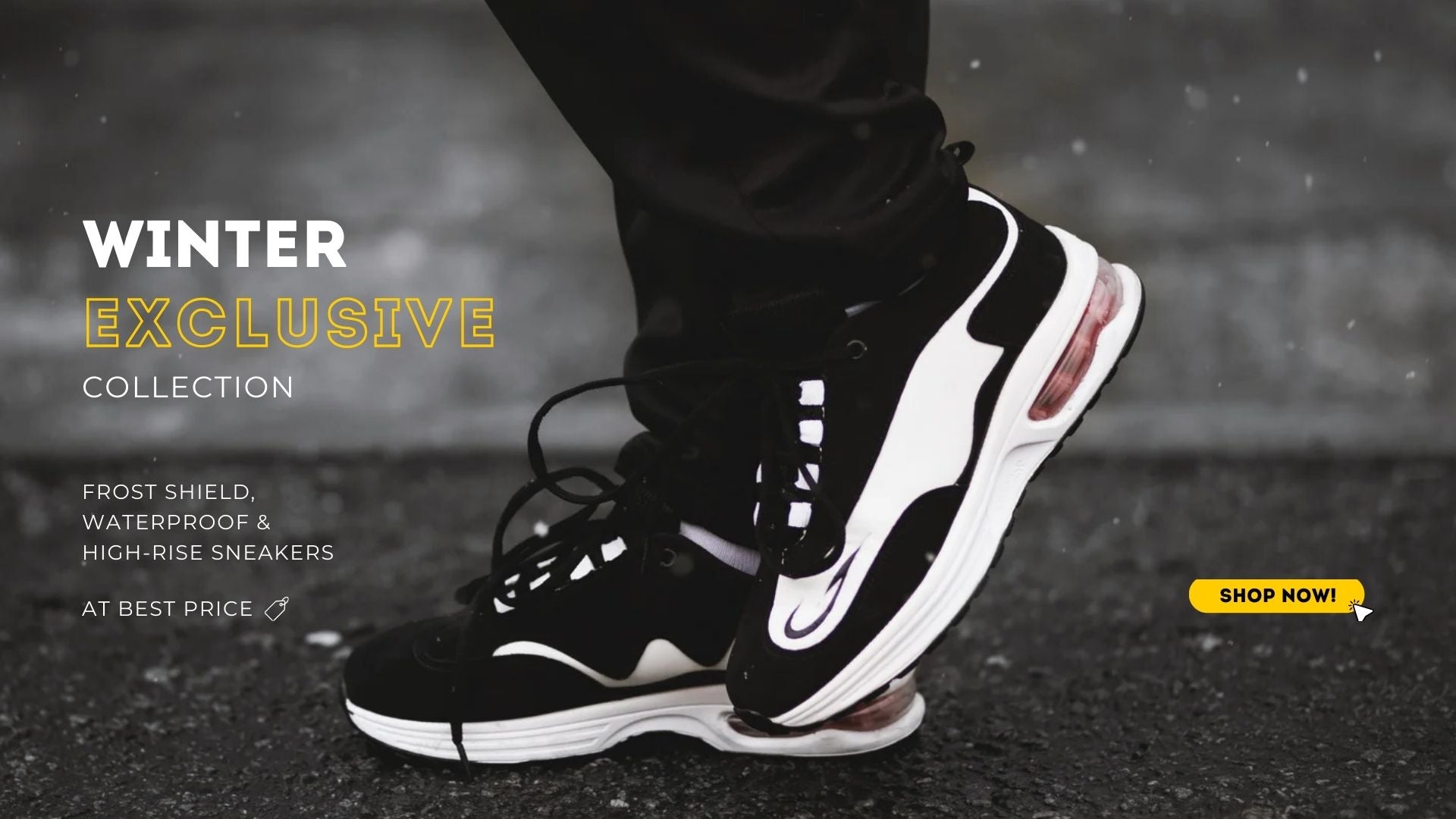 Black and white hero sneakers image with text about a winter exclusive collection on a dark background
