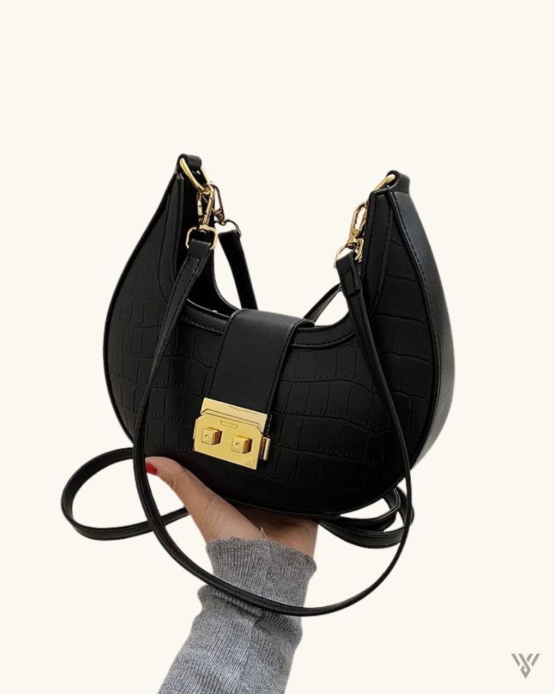 Bella Half Moon in Black Color- Gold Lock Crocodile Pattern Crescent Bag for Women - Vayome Store - Single