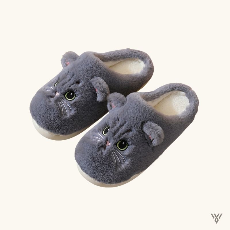 Cozy Paws Slippers - Kitty Cartoon Winter Slippers - Vayome - Gray - Pair