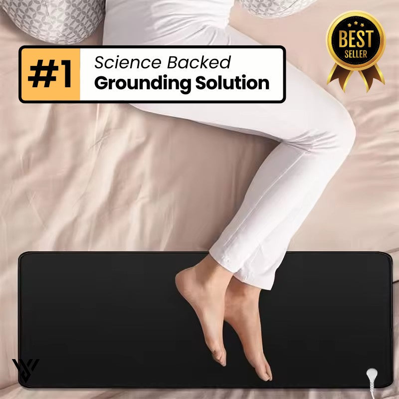 CoreBalance Grounding Mat in black, featuring product use for improved sleep, blood circulation, and pain relief - VAYOME.
