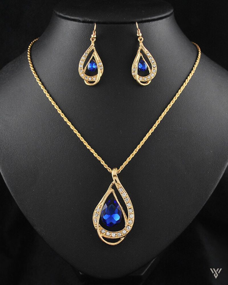 Gala Crystal Set - Statement Necklace and Earring Set - Vayome - Blue - Neck Shot