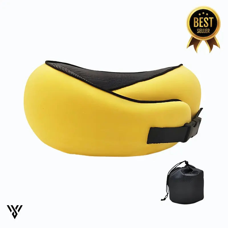 Premium Travel Neck Pillow in bright-yellow color, an U-shape memory foam neck pillow for the neck, promoting the slogan: Sleep Better, Arrive Happier - VAYOME.
