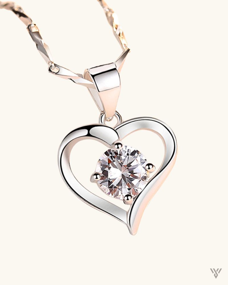 S999 Love Solitaire - Sterling Silver Heart-Shaped Necklace - Vayome - White Diamond - Single
