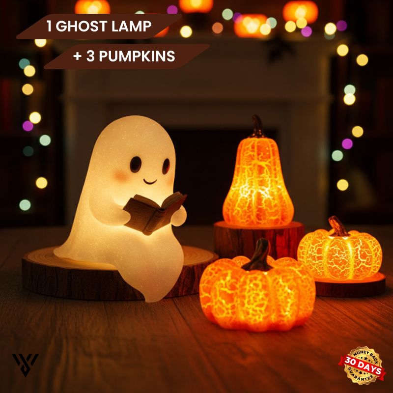 The Cozy Haunt Halloween Bundle: Ghost Lamp & 3 Pumpkins Set