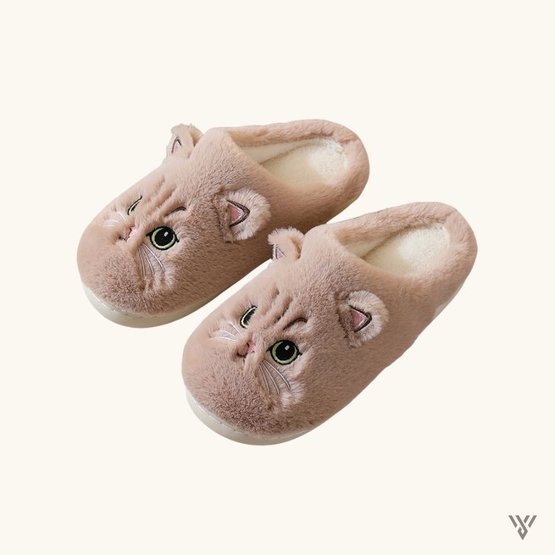 Cozy Paws Slippers - Kitty Cartoon Winter Slippers - Vayome - Brown - Pair