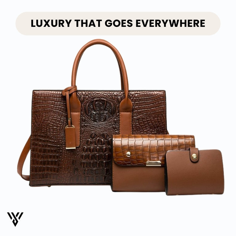 Chiccarry 3-in-1 Lux Bag Bundle: handbag, clutch, and purse set in khaki color with a crocodile pattern - VAYOME.