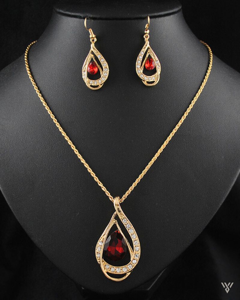 Gala Crystal Set - Statement Necklace and Earring Set - Vayome - Red - Neck Shot