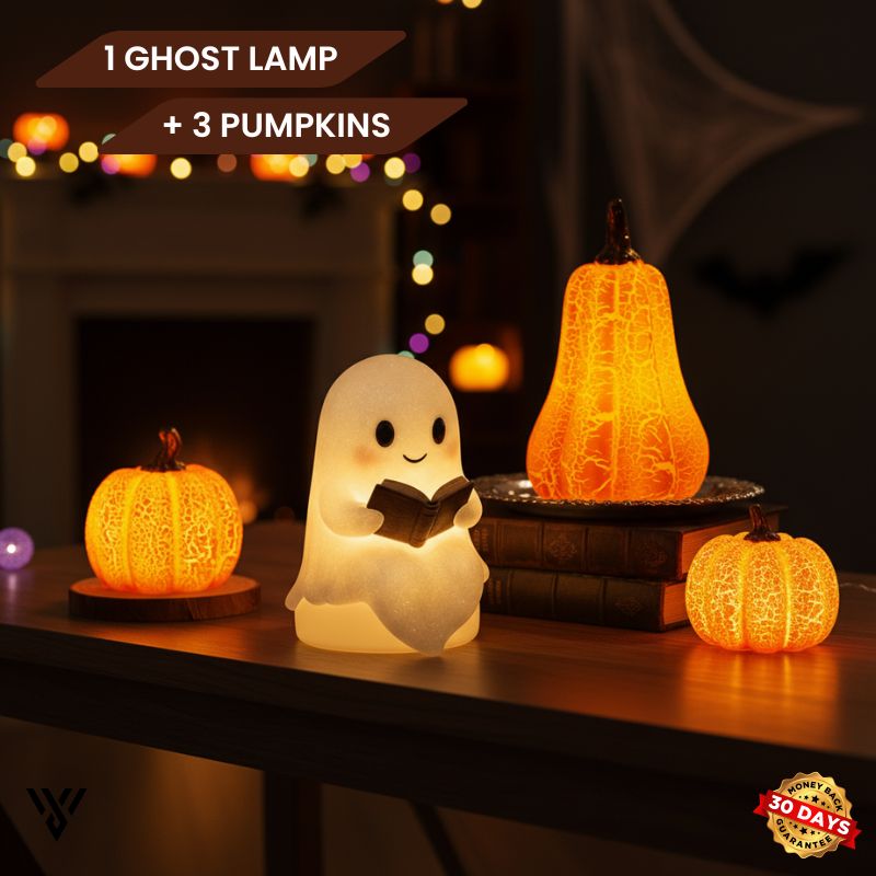The Cozy Haunt Halloween Bundle: Ghost Lamp & 3 Pumpkins Set