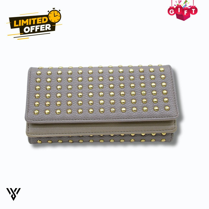 Premium CovaRivet 3-Fold Leather Wallet in durable gray, elegant front view for women - VAYOME.