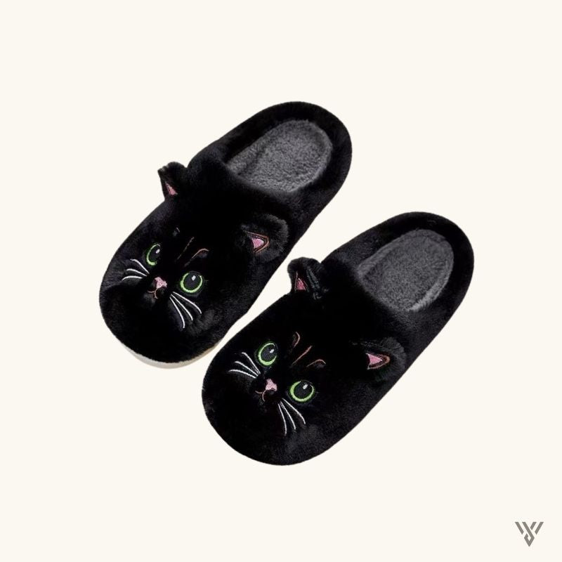 Cozy Paws Slippers - Kitty Cartoon Winter Slippers - Vayome - Black - Pair