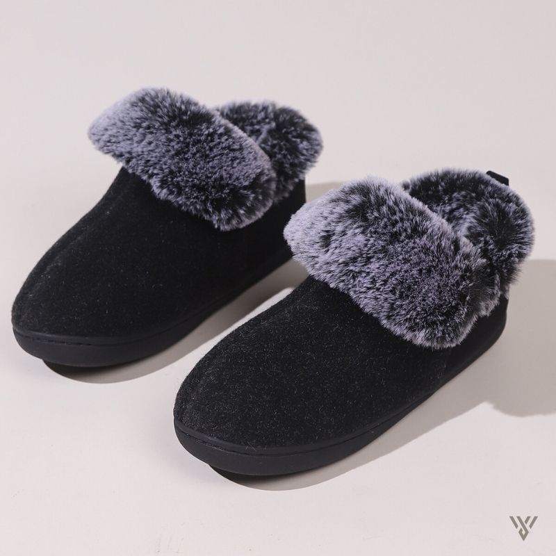 Fleece Winter Slippers - Fur Collar Ankle Booties - Vayome - Black - Pair