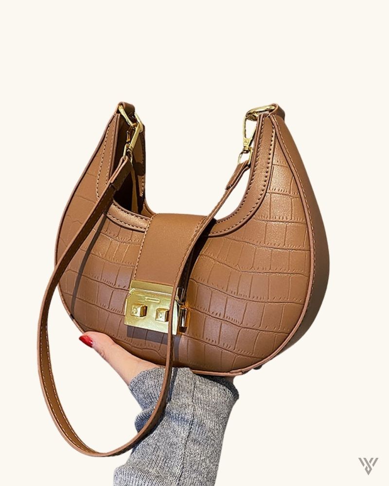 Bella Half Moon in Khaki Color- Gold Lock Crocodile Pattern Crescent Bag for Women - Vayome Store - Single