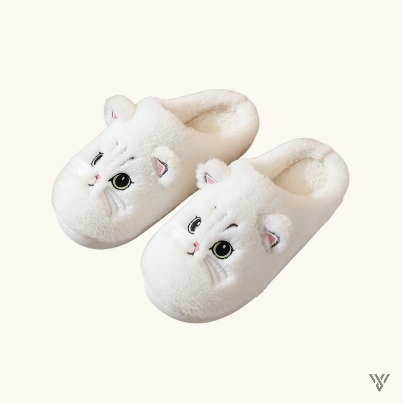 Cozy Paws Slippers - Kitty Cartoon Winter Slippers - Vayome - White - Pair