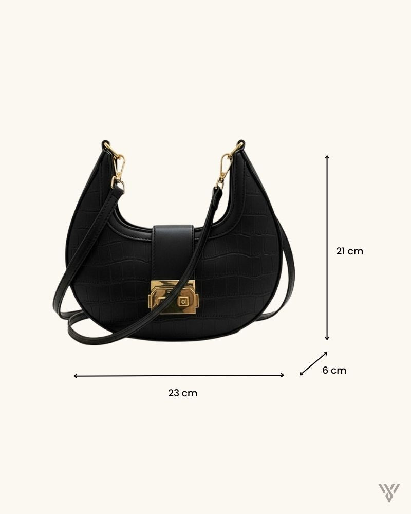 Bella Half Moon in Black Color- Gold Lock Crocodile Pattern Crescent Bag for Women - Vayome Store - Dimensions-23cm(L) x 6cm(W) x 21cm(H)