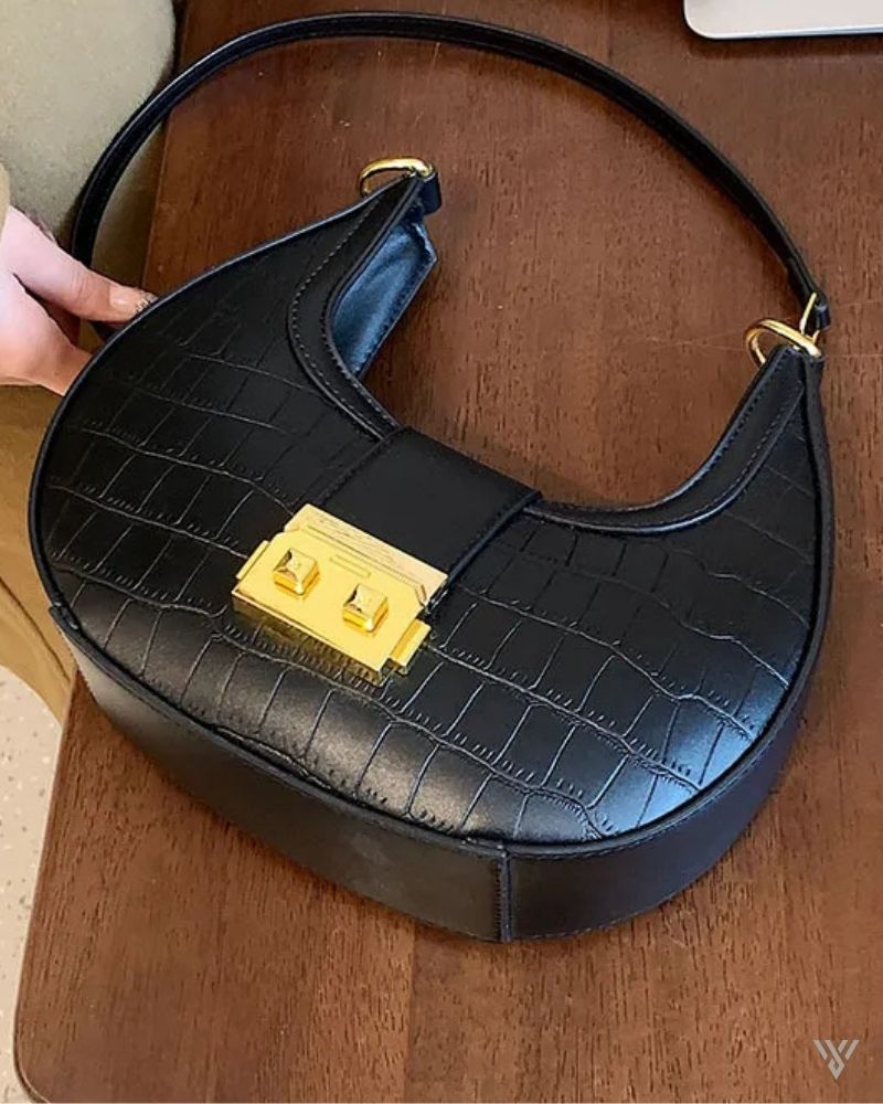Bella Half Moon in Black Color- Gold Lock Crocodile Pattern Crescent Bag for Women - Vayome Store - Closeup Shot