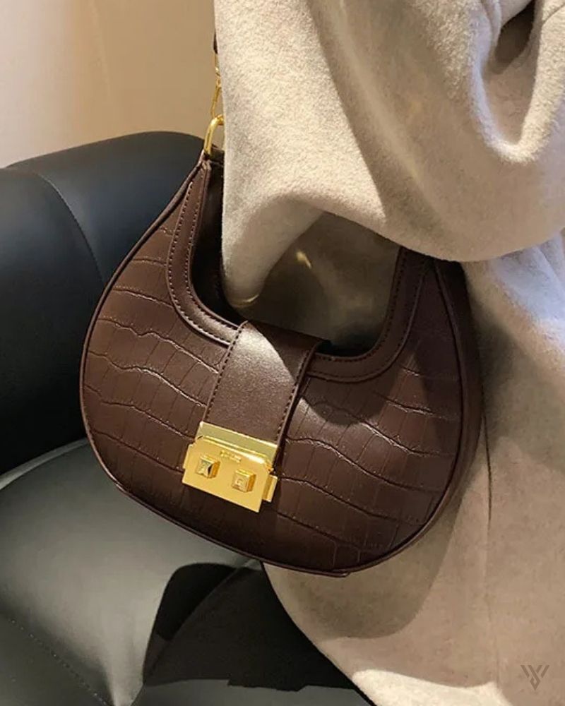 Bella Half Moon in Brown Color- Gold Lock Crocodile Pattern Crescent Bag for Women - Vayome Store - Lifestyle Shot