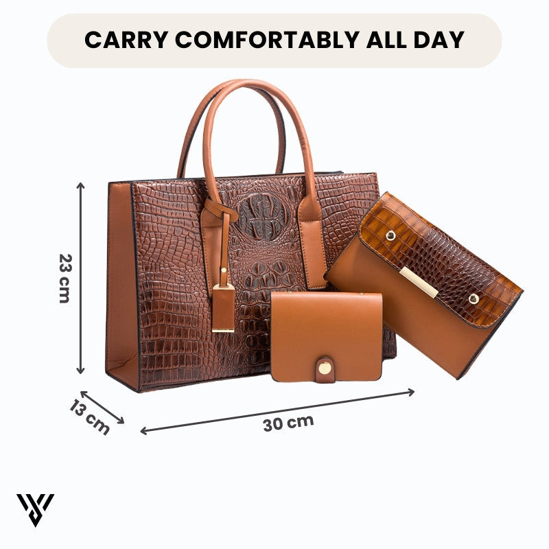 Chiccarry 3-in-1 Lux Bag Bundle dimensions in brown color: 30cm length x 13cm width x 23cm height, featuring a crocodile pattern - VAYOME.