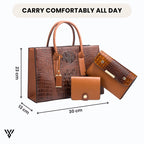 Chiccarry 3-in-1 Lux Bag Bundle dimensions in brown color: 30cm length x 13cm width x 23cm height, featuring a crocodile pattern - VAYOME.