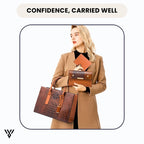 Chiccarry 3-in-1 Lux Bag Bundle in brown color, crocodile pattern, featuring a model holding the set, emphasizing "Confidence Carried Well" - VAYOME.