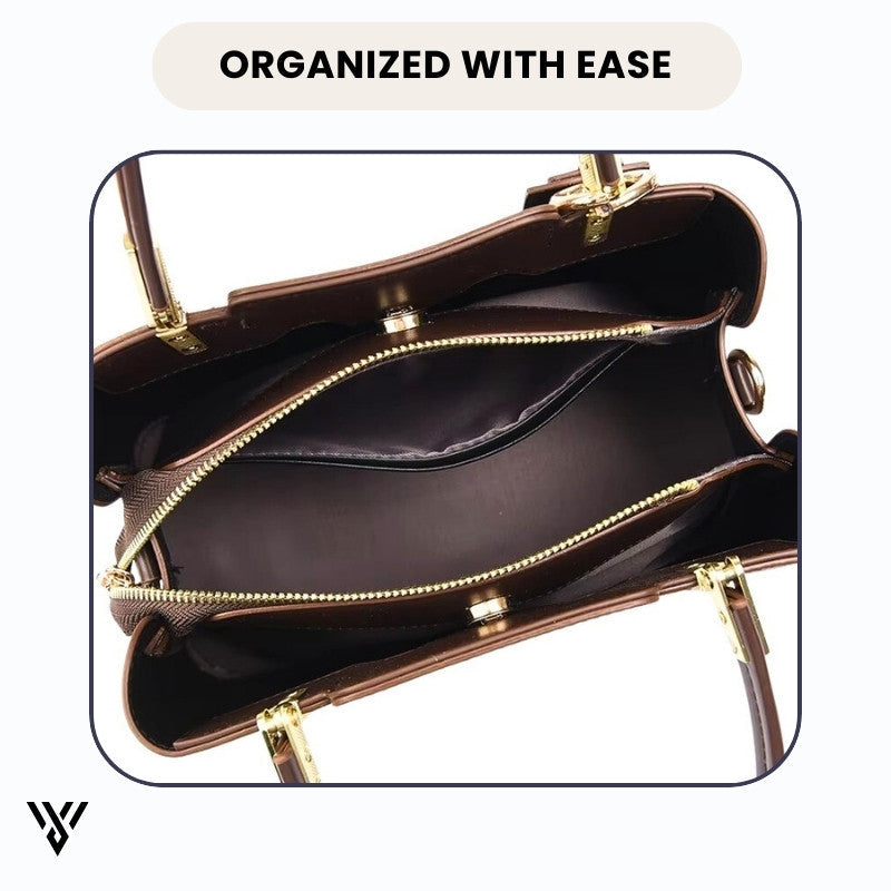 Chiccarry 3-in-1 Lux Bag Bundle in brown color, crocodile pattern, featuring a model holding the set and highlighting smart compartments - VAYOME.