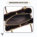 Chiccarry 3-in-1 Lux Bag Bundle in brown color, crocodile pattern, featuring a model holding the set and highlighting smart compartments - VAYOME.