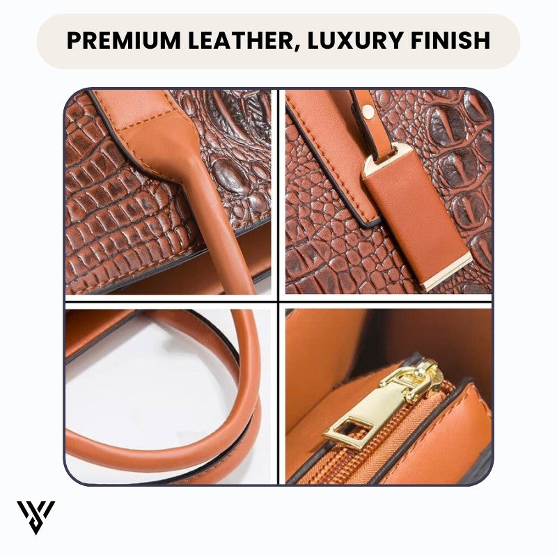 Chiccarry 3-in-1 Lux Bag Bundle purse, in brown color, crocodile pattern, shown with contents inside, highlighting premium leather and a luxury finish - VAYOME.