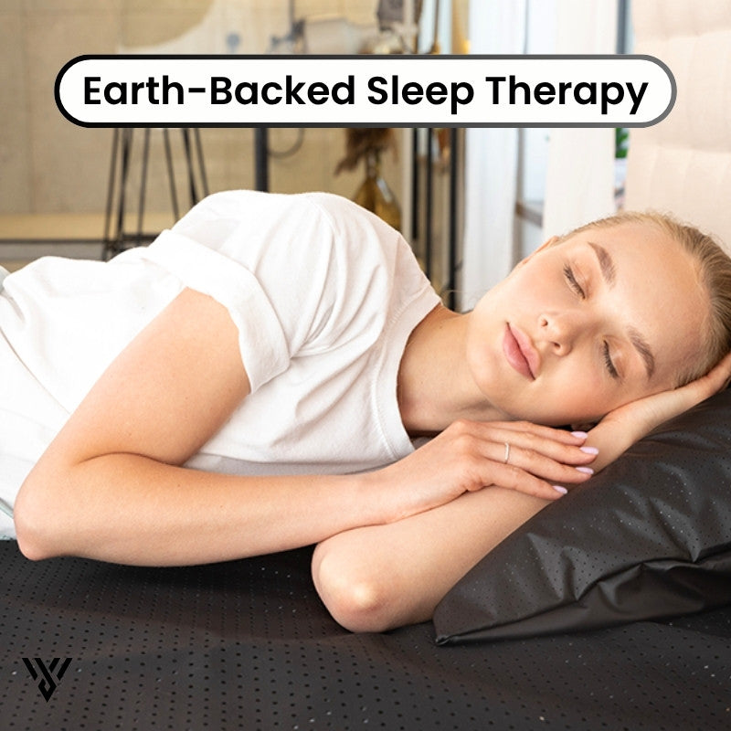 CoreBalance Grounding Mat, girl sleeping on the mat in bed, illustrating Earth-Backed sleeping therapy for relief - VAYOME.