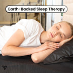CoreBalance Grounding Mat, girl sleeping on the mat in bed, illustrating Earth-Backed sleeping therapy for relief - VAYOME.