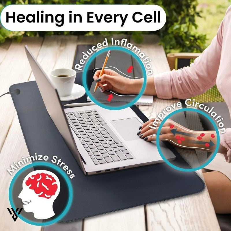 CoreBalance Grounding Mat, highlighting benefits of reducing inflammation and anxiety, and increasing blood circulation - VAYOME.