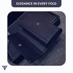 CovaRivet 3-Fold Leather Wallet, premium black, unfolded display with elegant purchase box - VAYOME.