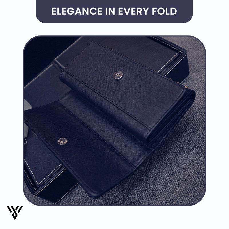 CovaRivet 3-Fold Leather Wallet, premium black, unfolded display with elegant purchase box - VAYOME.
