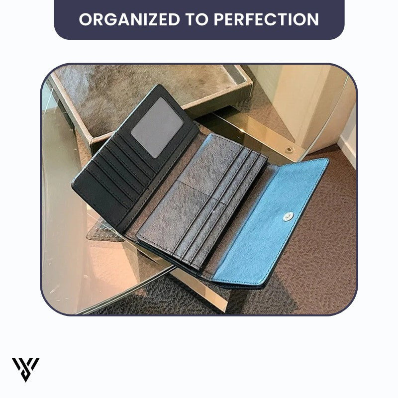 CovaRivet 3-Fold Leather Wallet inner view, black color, organized compartments for cards and cash - VAYOME.