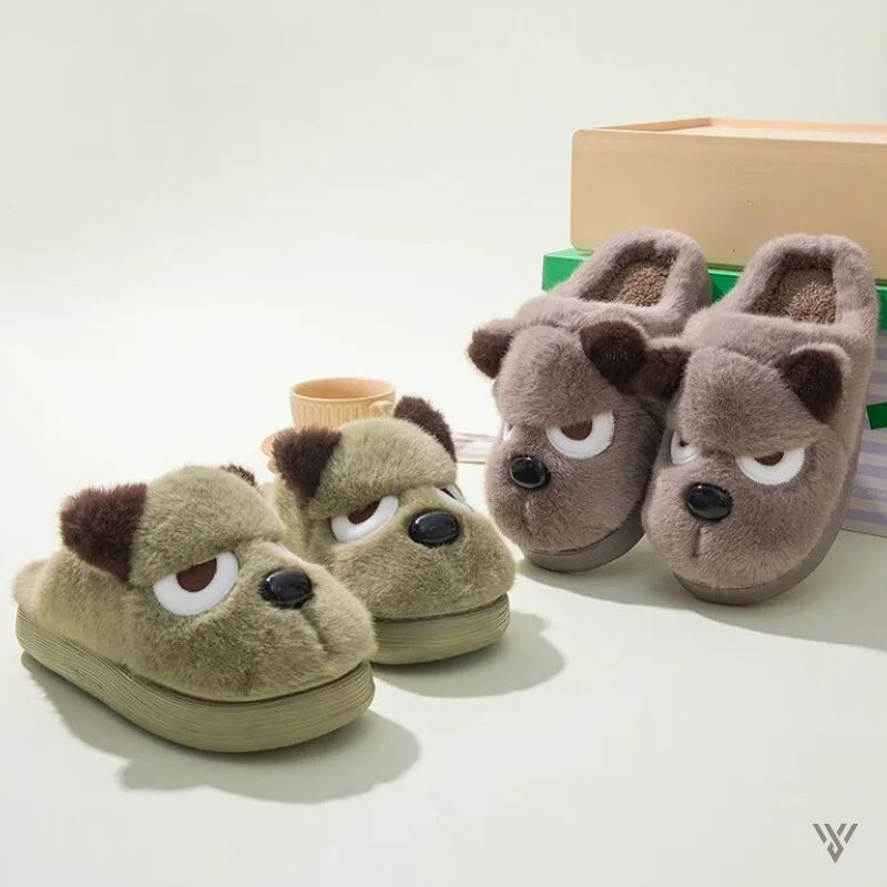 Cute Puppy Slippers - Woolen Winter Slippers - Vayome - Coffee and Fruit Green - Casual Shot
