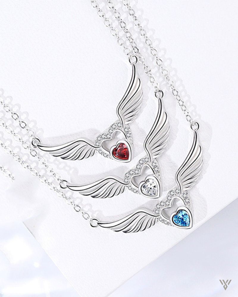 Ethereal Wing Heart - Heart Shape Necklace Jewelry - Vayome - White, Red, and Blue Stones Together - Single