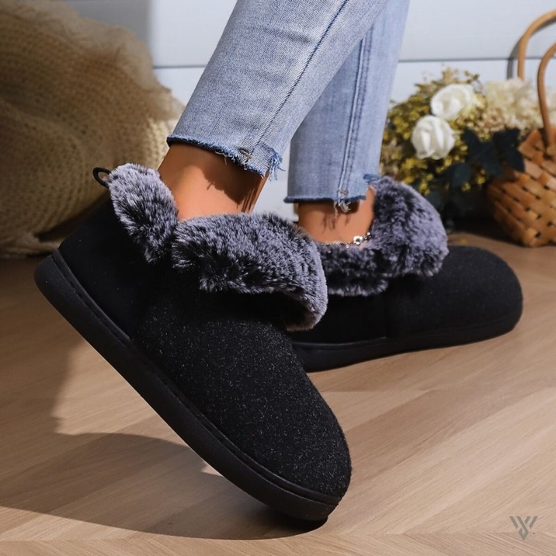 Fleece Winter Slippers - Fur Collar Ankle Booties - Vayome - Black - Lifestyle Shot