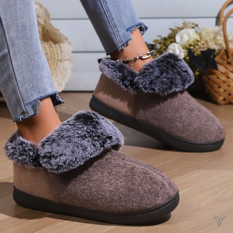 Fleece Winter Slippers - Fur Collar Ankle Booties - Vayome - Brown - Lifestyle Shot