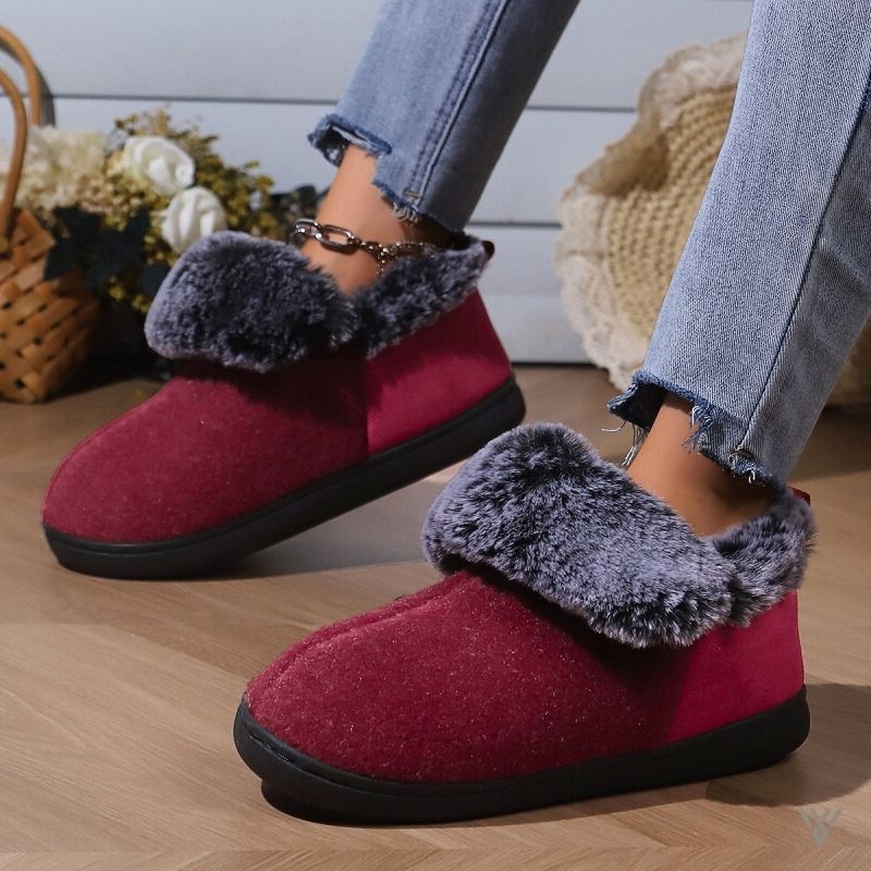 Fleece Winter Slippers - Fur Collar Ankle Booties - Vayome - Wine Red - Lifestyle Shot