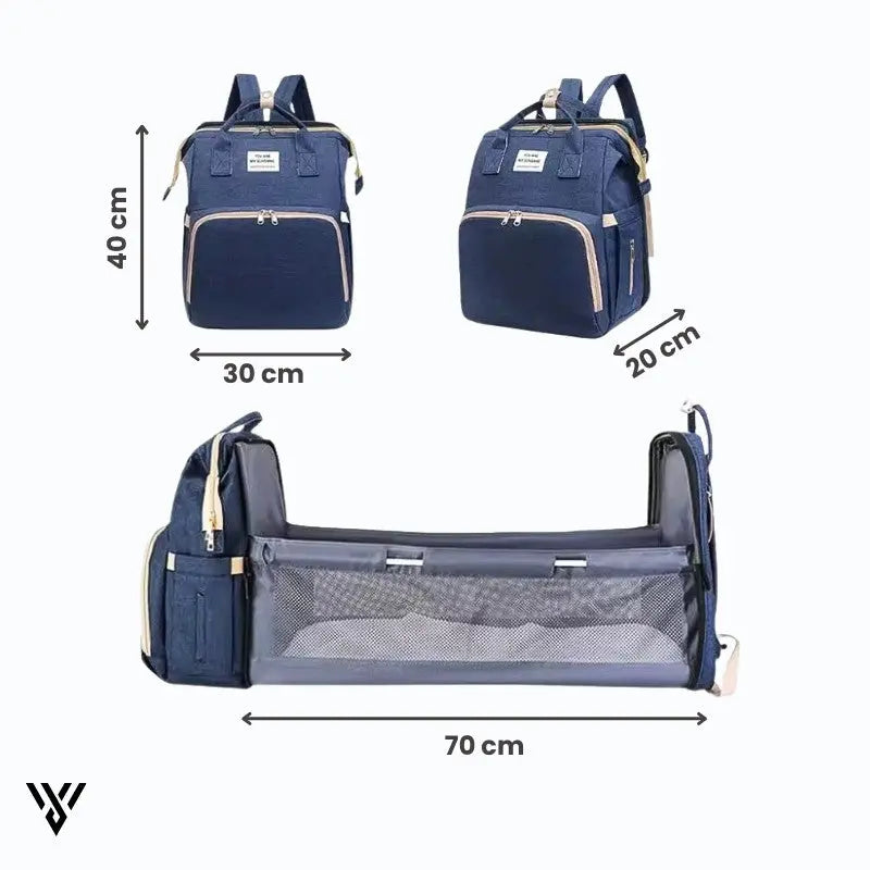 Foldable Baby Diaper Bag in gray color, which is spacious and travel-friendly in a Blue variation, with dimensions: 30cm L x 20cm W x 40cm H and 70cm expanded width - VAYOME.