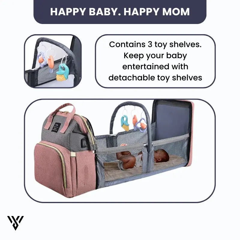 Foldable Baby Diaper Bag in gray color, which is spacious and travel-friendly in a Powder Gray variation, with the slogan: Happy Baby, Happy Mom - VAYOME.