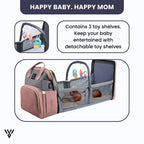 Foldable Baby Diaper Bag in gray color, which is spacious and travel-friendly in a Powder Gray variation, with the slogan: Happy Baby, Happy Mom - VAYOME.