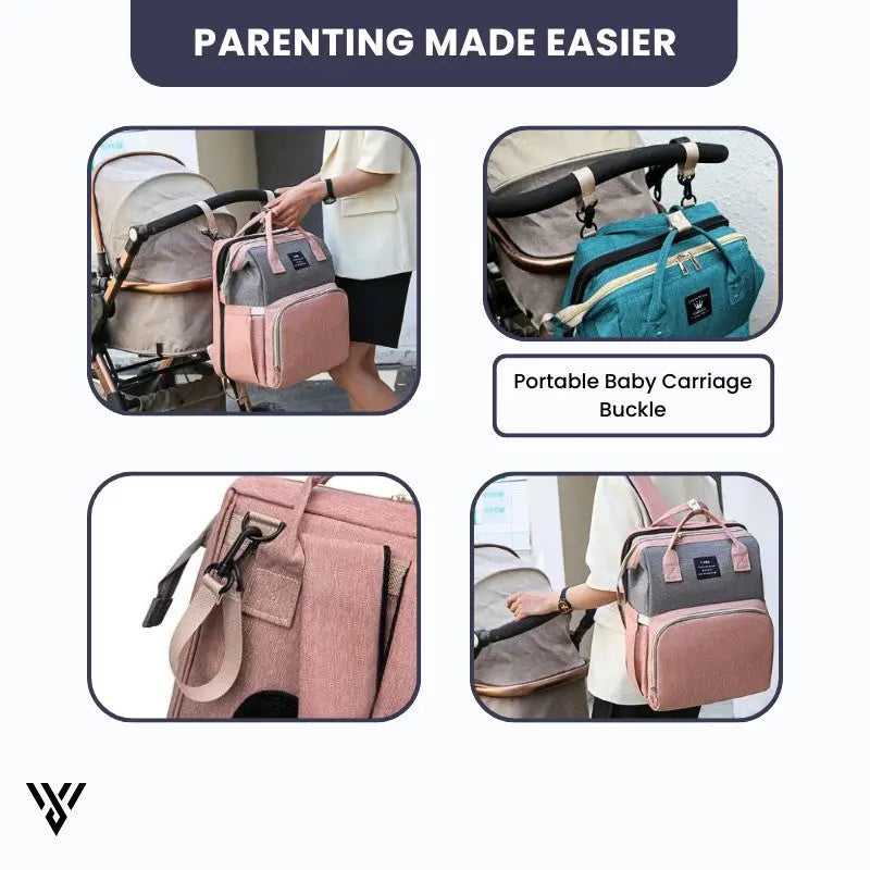 Foldable Baby Diaper Bag in gray color, which is spacious and travel-friendly in a Powder Gray variation, with the slogan: Parenting Made Easier - VAYOME.