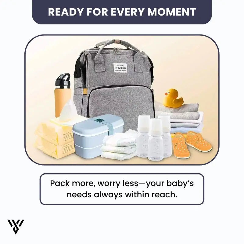 Foldable Baby Diaper Bag in gray color, which is spacious and travel-friendly in a Powder Gray variation, with the slogan: Ready for Every Moment - VAYOME.