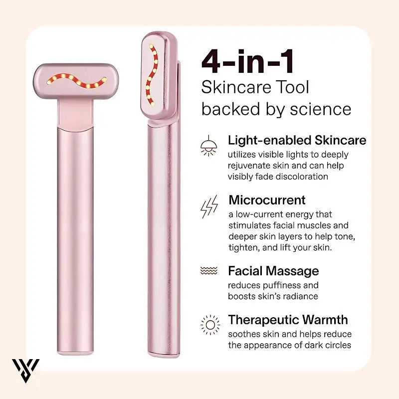 Glynnea Red Light LED Face Therapy Wand in Pink color, highlighting it as a 4-in-1 skin care tool - VAYOME.