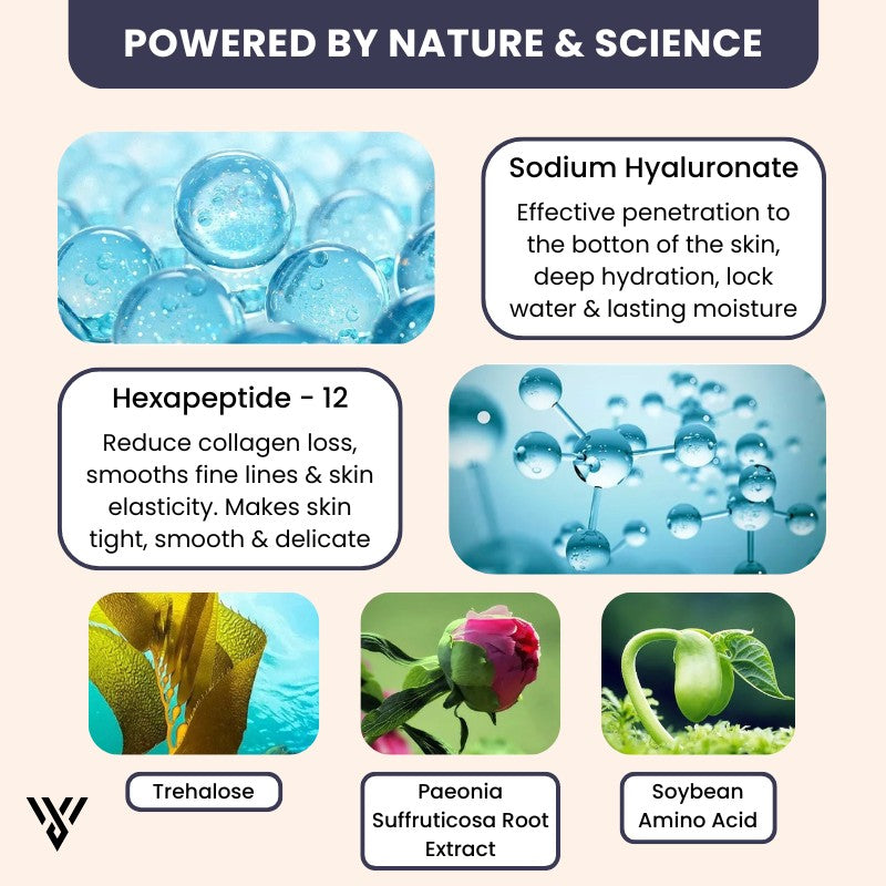 Hyaluronic Acid Serum (15ML), anti-aging and hydrating, listing ingredients powered by nature and science - VAYOME.