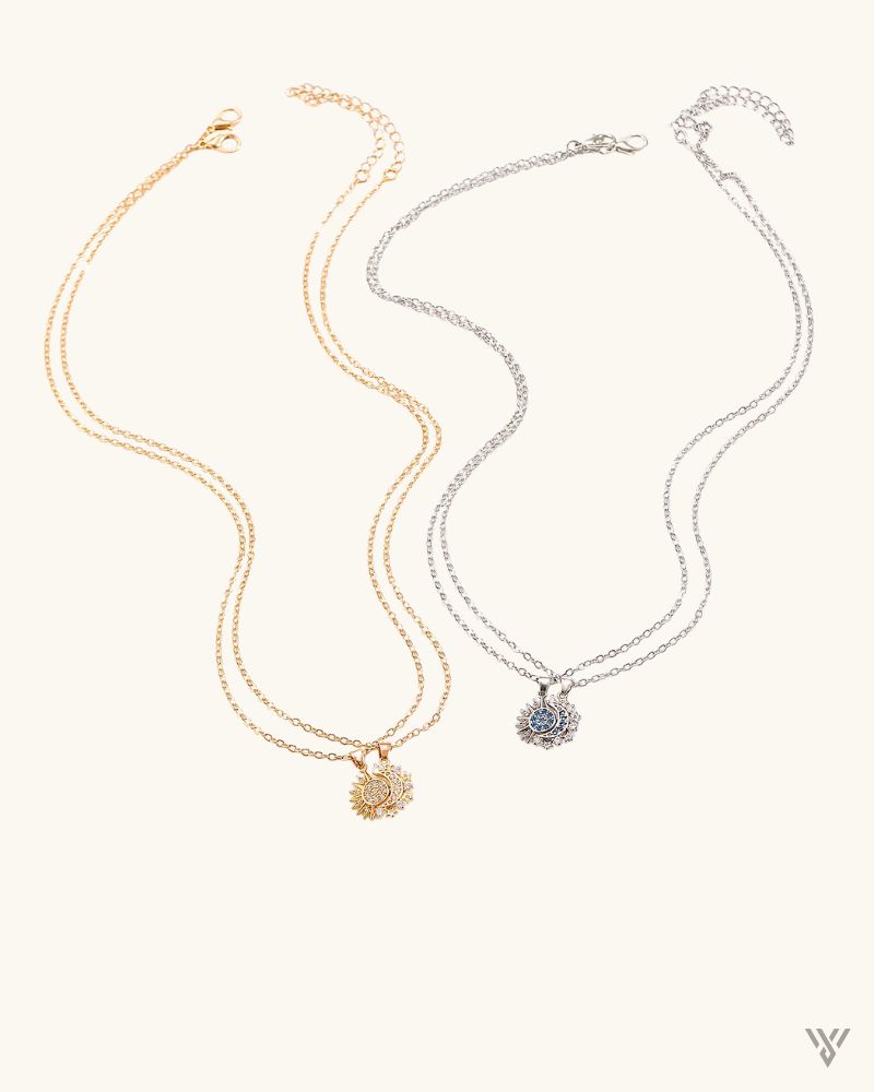 Interlink Celestial Duo Necklace - Magnetic Pendant Clavicle Chain Necklace for Couple Lovers - Vayome - Gold White - Shot 2