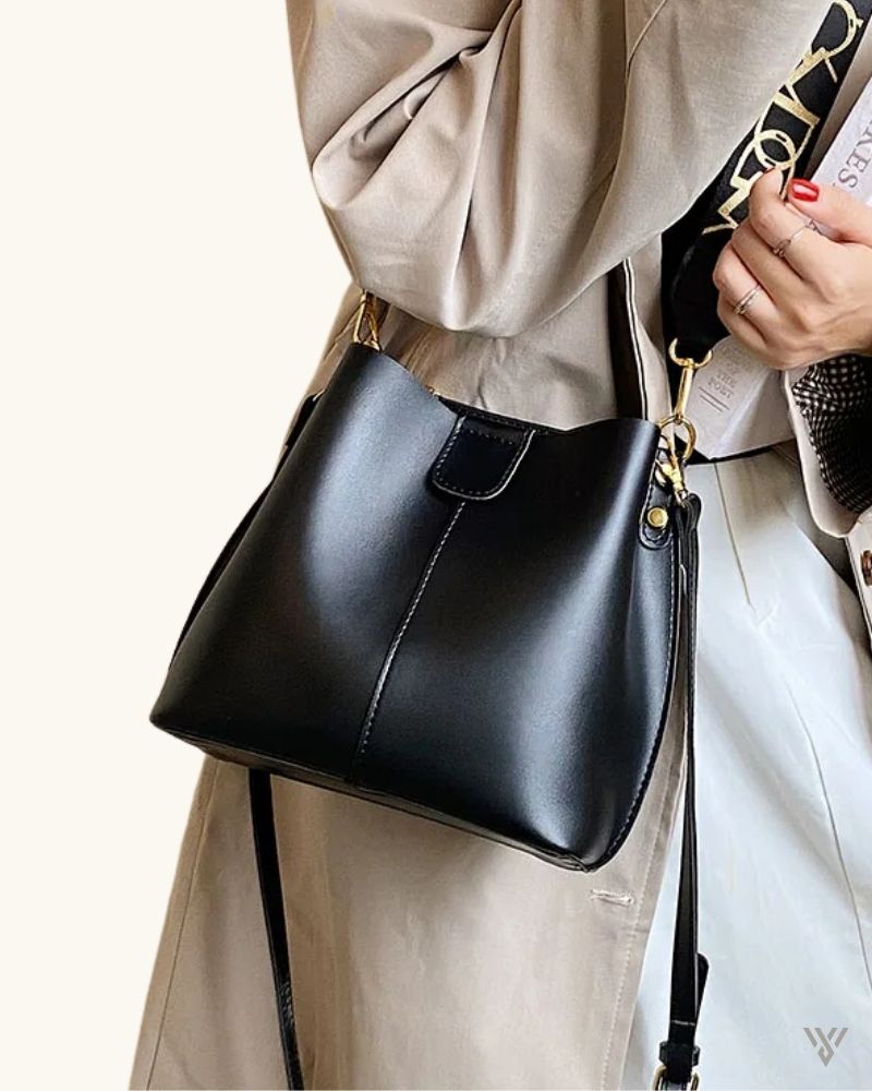 Lunelle Strap Bucket in Black color - Wide Strap French Design Shoulder Bag - Vayome Store - Lifestyle Shot
