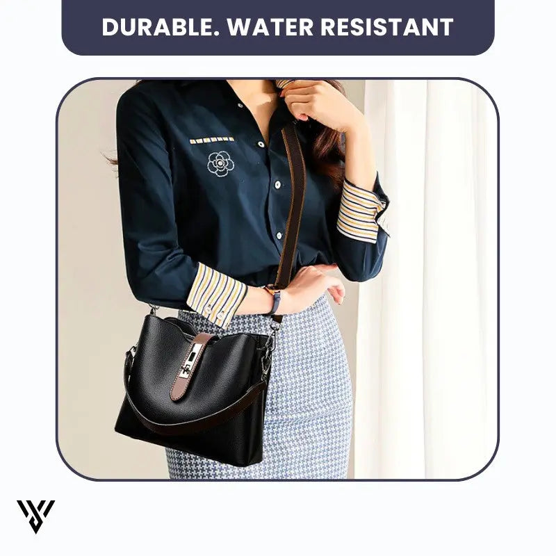 LuxeWax Leather Bucket Bag in black color, a women's fashion luxury handbag/shoulder bag, noted for being durable and water resistant - VAYOME