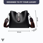 LuxeWax Leather Bucket Bag in black color, a women's fashion luxury handbag/shoulder bag, with dimensions: 23cm Length x 10cm Width x 20cm Height - VAYOME.