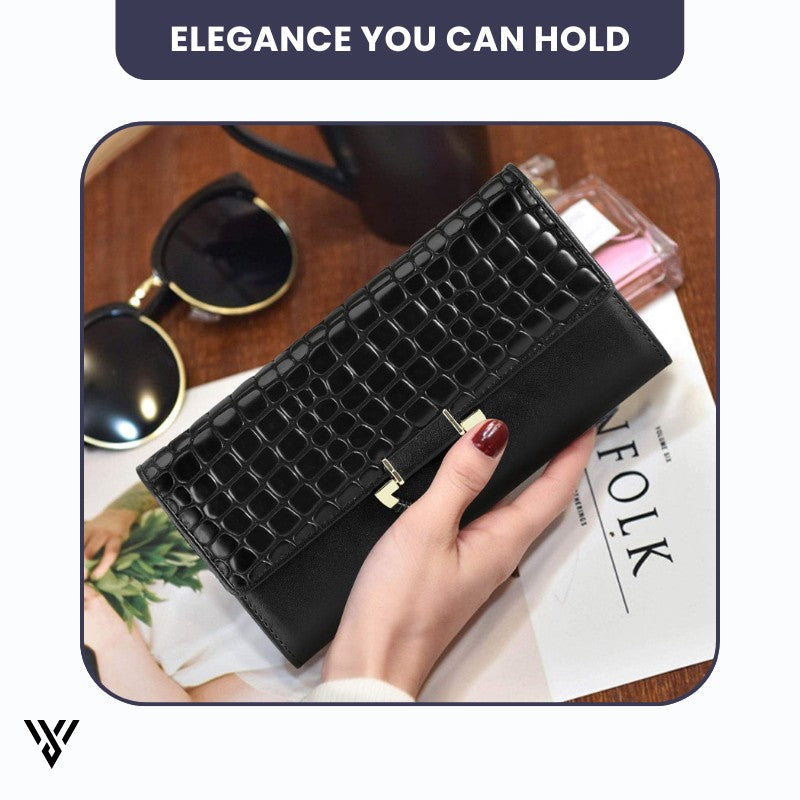 MiraMoire Premium Leather Wallet, elegant black, spacious design held in hand, displaying luxury - VAYOME.